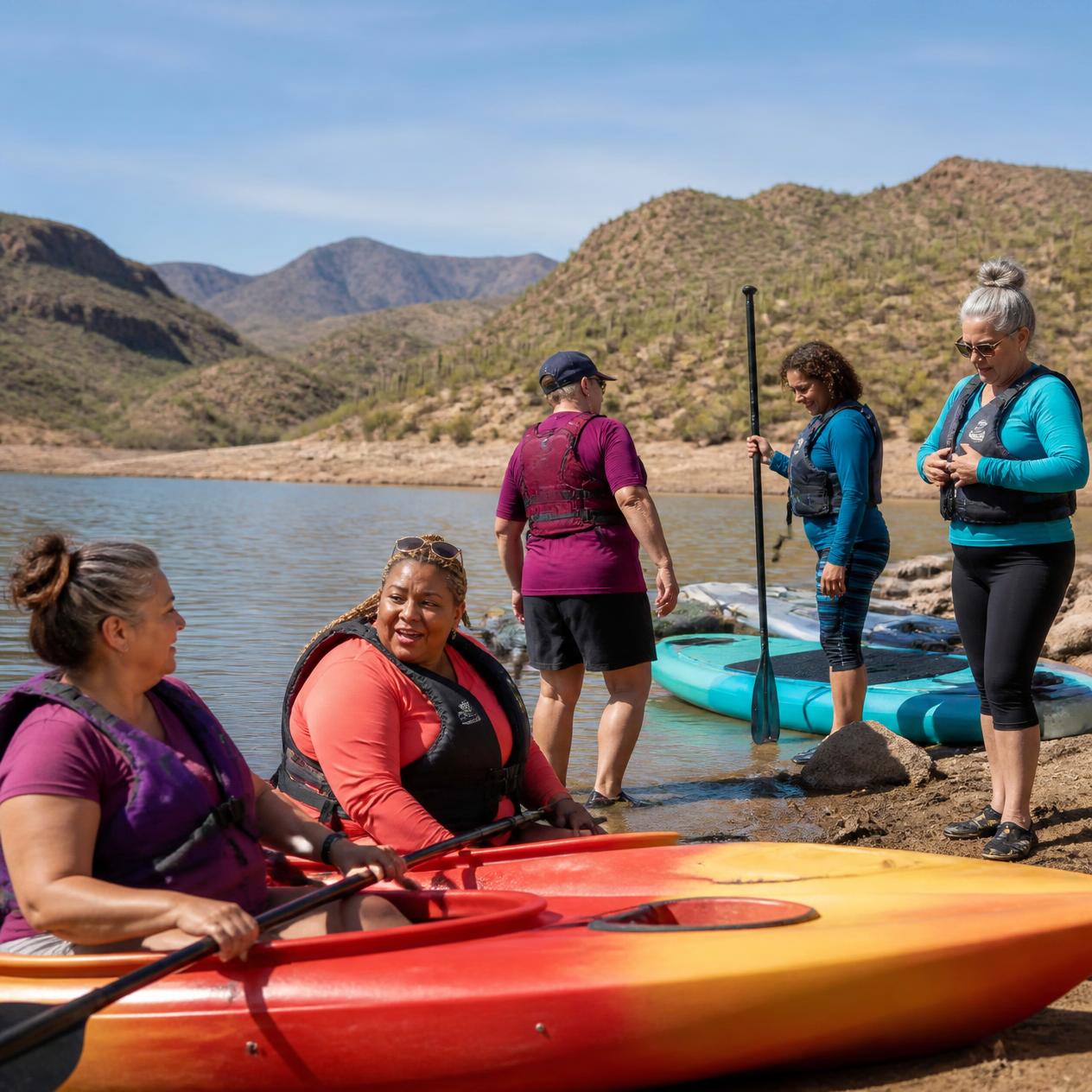 Mid-size and plus-size women preparing for kayaking and paddleboarding at an Arizona lake