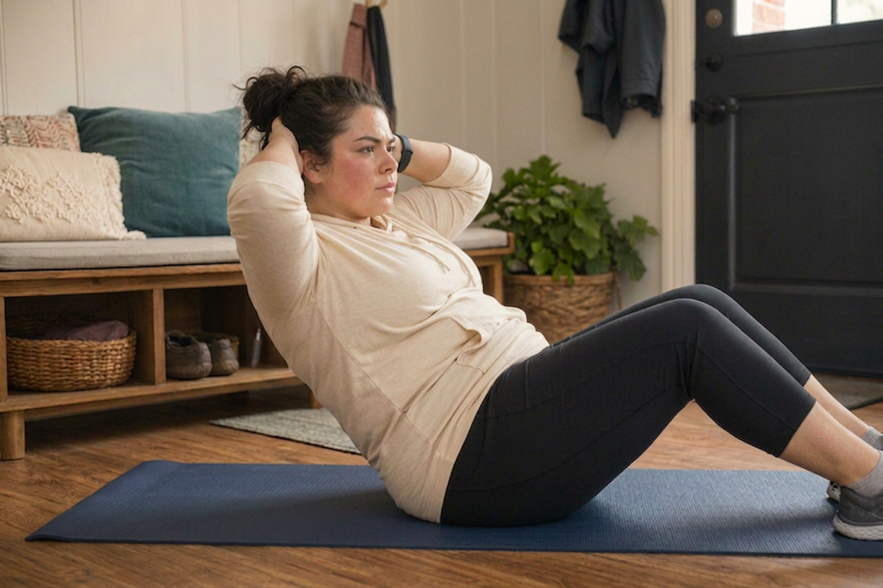 A plus-size woman doing sit ups on a yoga mat by the front door.