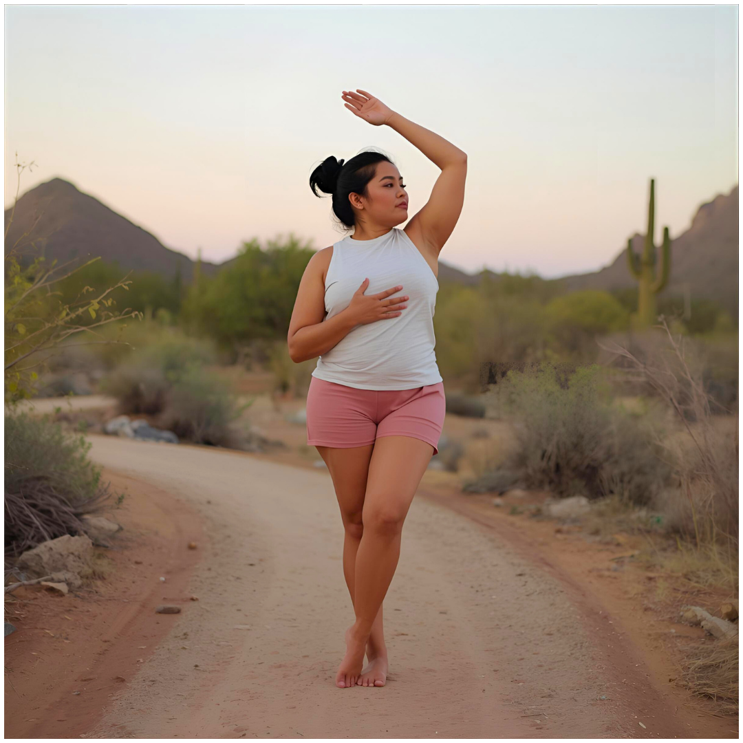 Thicker body Asian woman practicing mindfulness on community walk on Arizona desert trail