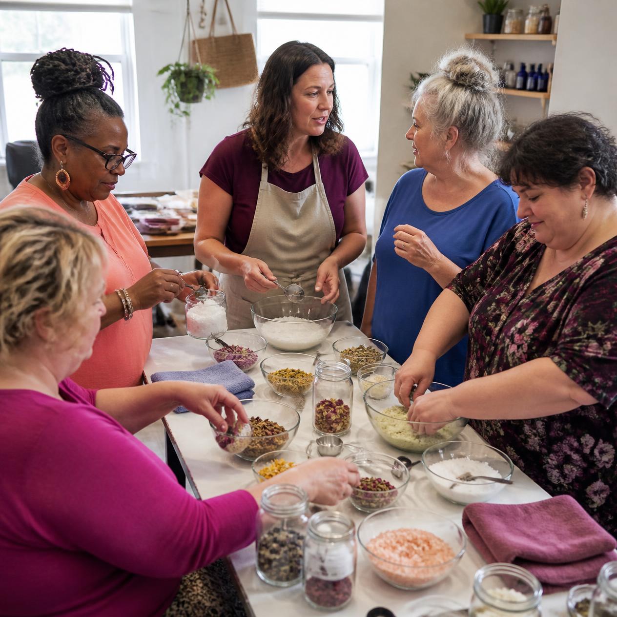 Mid-size and plus-size women making bath salts together in a hands-on wellness workshop