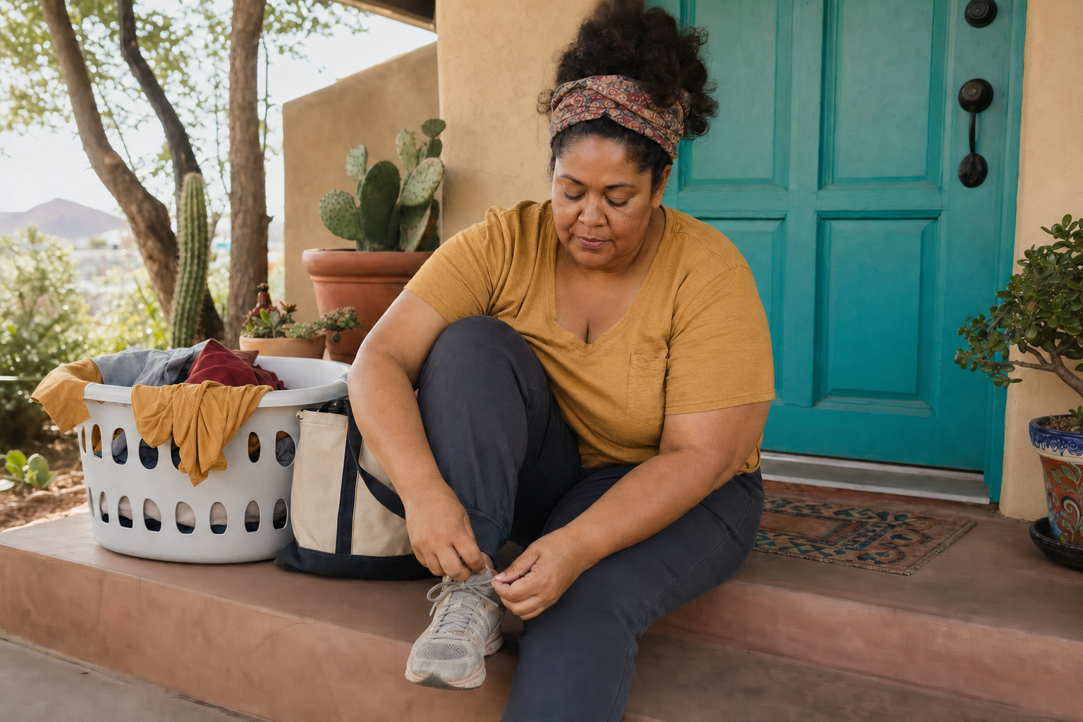 A plus-size Afro-Latina woman ties her walking shoe on a Southwestern porch while everyday responsibilities wait nearby.
