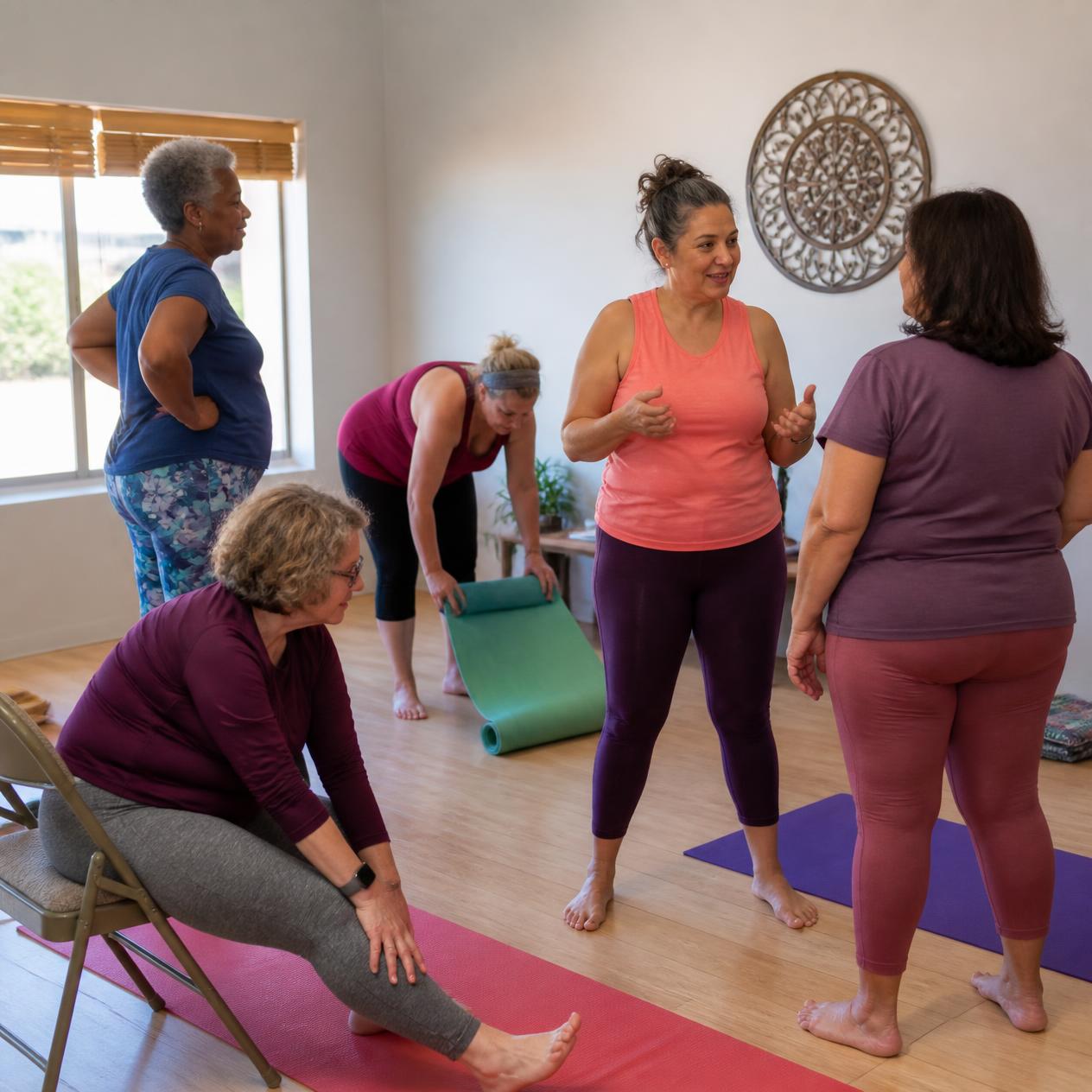 Mid-size and plus-size women enjoying a private stretch class together