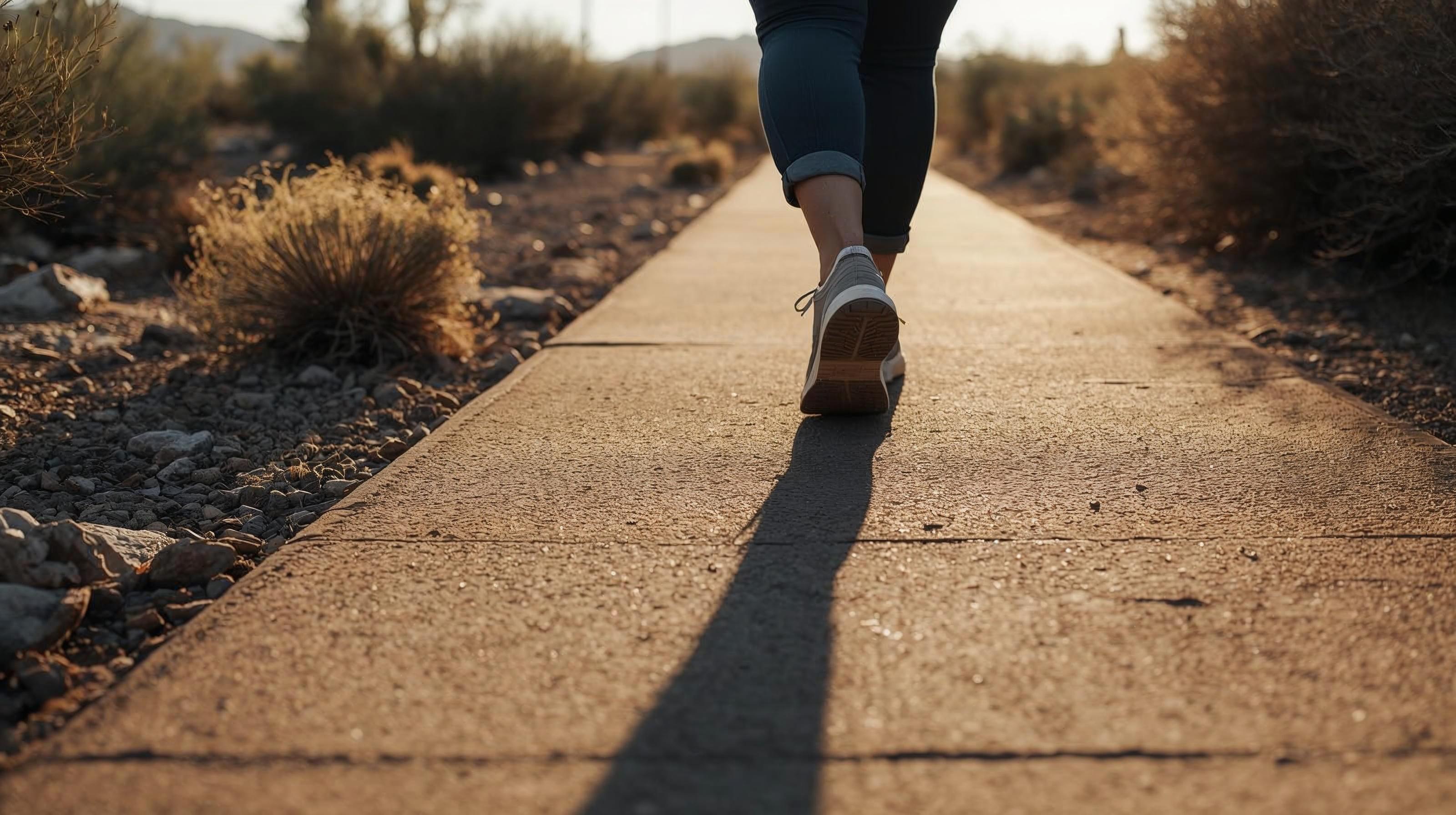 Close-up of walking shoes on a paved path in Arizona during morning light, showing steady movement outdoors.