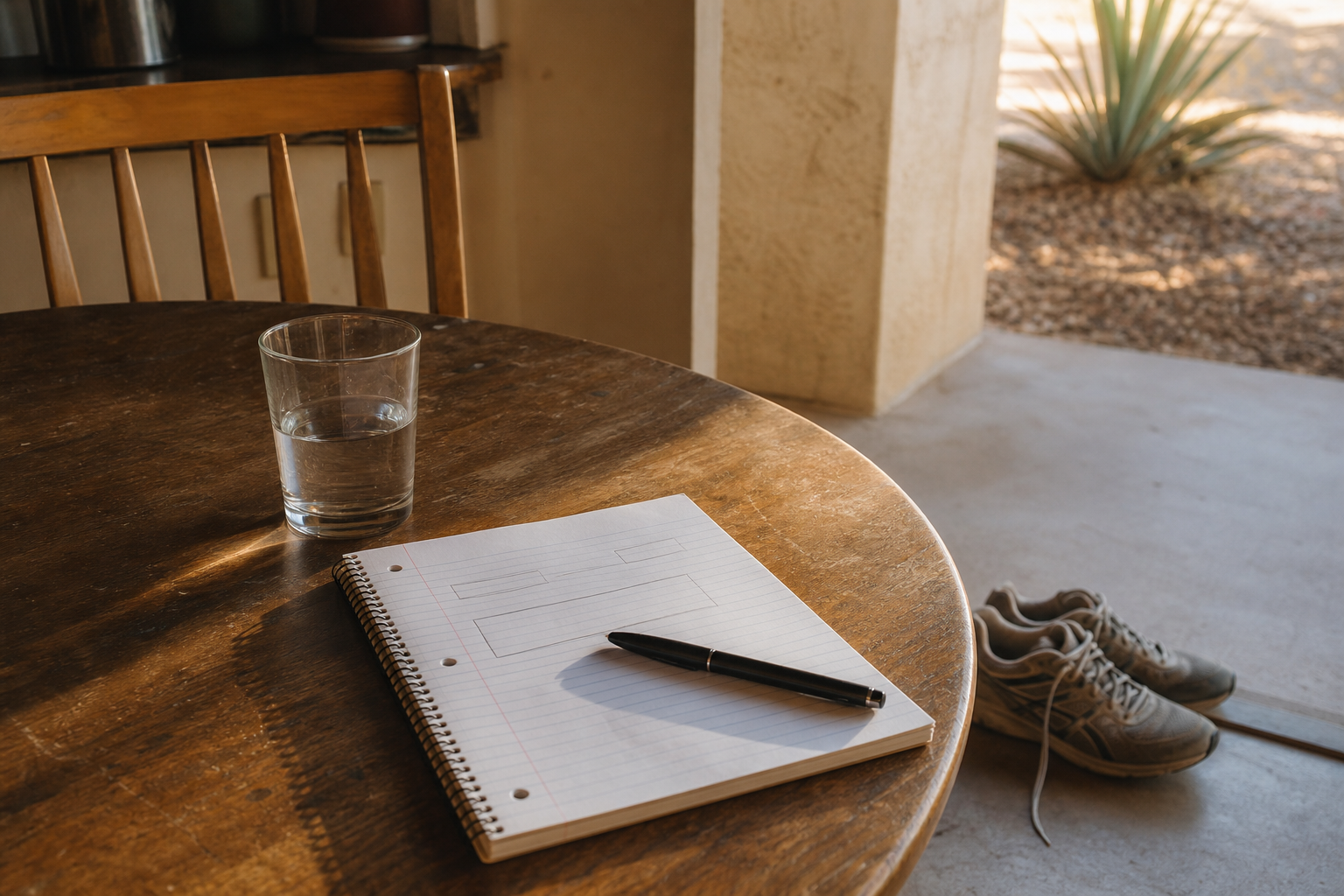 Open spiral notebook, pen, glass of water, and worn sneakers on a sunlit patio table.