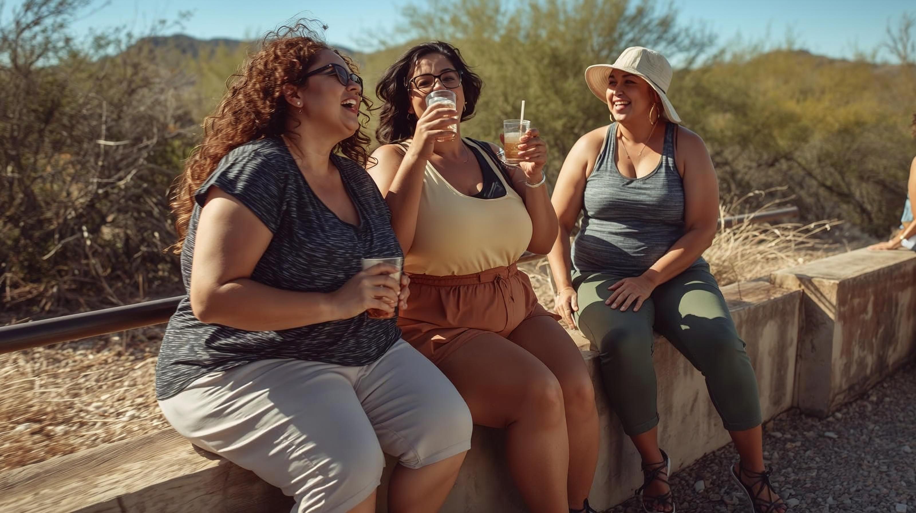 Candid outdoor moment of women with mixed body types connecting together in an Arizona park.